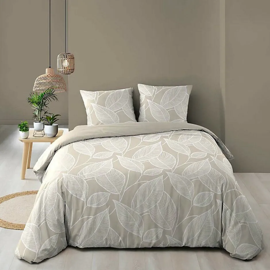 Douceur D'Intérieur Housse de couette 240 x 220 cm coton 57 fils imprimé feuillage AMANDA Naturel + 2 taies Hot