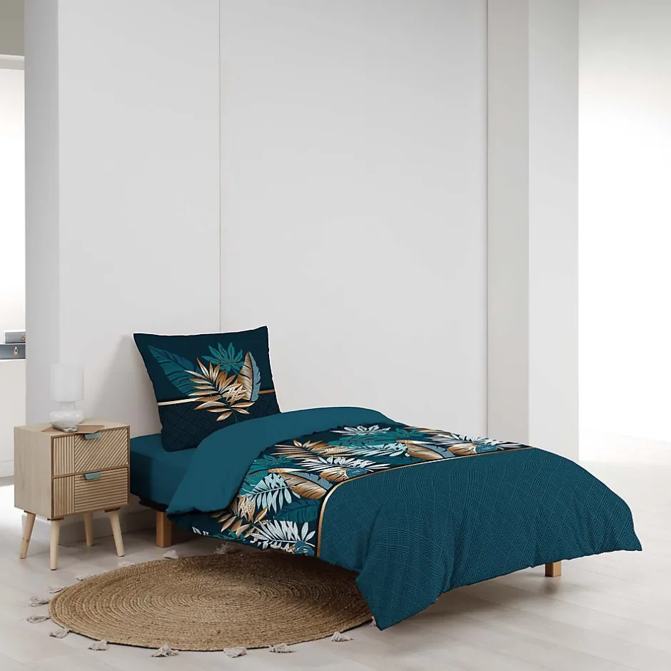 Douceur D'Intérieur Housse de couette 140 x 200 cm en coton Alianor Bleu Imprimé tropical chic Outlet