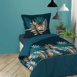 Douceur D'Intérieur Housse de couette 140 x 200 cm en coton Alianor Bleu Imprimé tropical chic Outlet