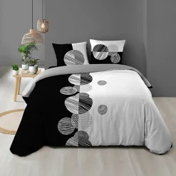Douceur D'Intérieur Housse de Couette 240 x 220 cm + 2 Taies 100 % Coton 57 Fils Stormi Noir & Blanc New