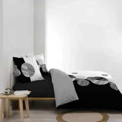 Douceur D'Intérieur Housse de Couette 240 x 220 cm + 2 Taies 100 % Coton 57 Fils Stormi Noir & Blanc New