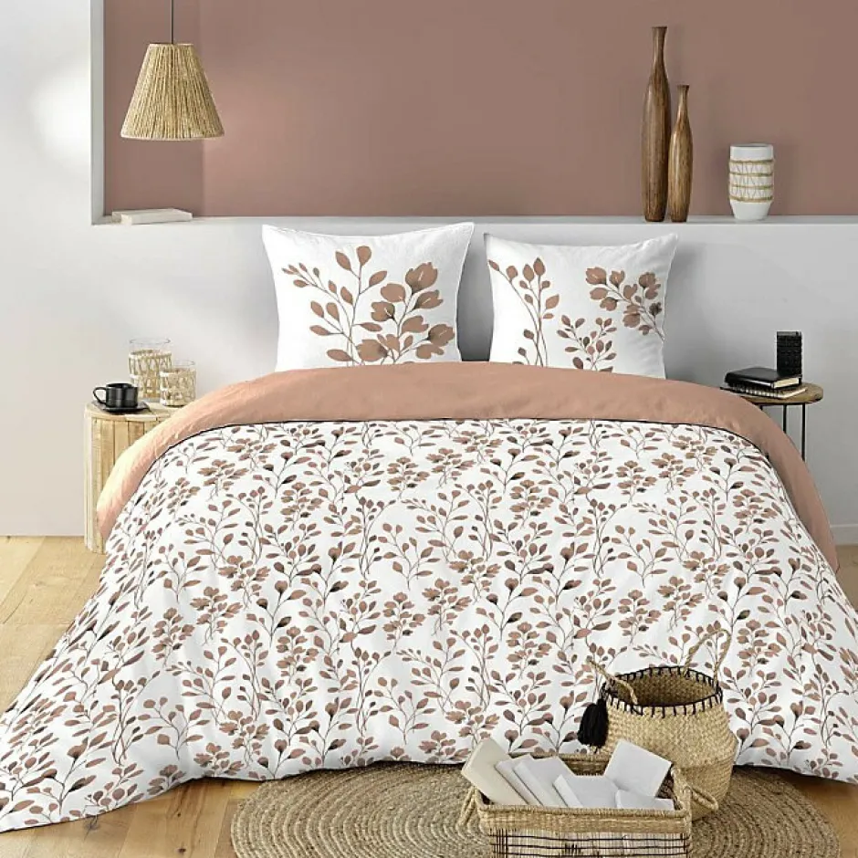 Douceur D'Intérieur Housse de couette 240 x 220 cm coton 57 fils MAIWEN Mocha + 2 taies Motif végétal