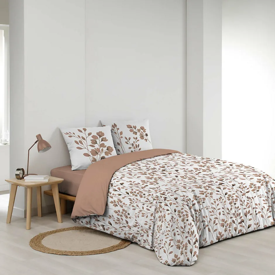 Douceur D'Intérieur Housse de couette 240 x 220 cm coton 57 fils MAIWEN Mocha + 2 taies Motif végétal