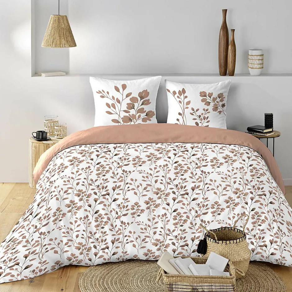 Douceur D'Intérieur Housse de couette 240 x 220 cm coton 57 fils MAIWEN Mocha + 2 taies Motif végétal
