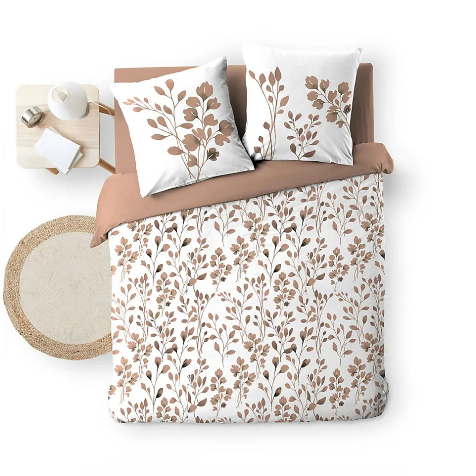 Douceur D'Intérieur Housse de couette 240 x 220 cm coton 57 fils MAIWEN Mocha + 2 taies Motif végétal