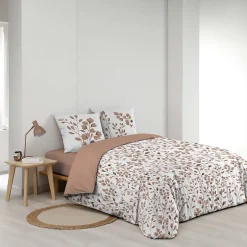 Douceur D'Intérieur Housse de couette 240 x 220 cm coton 57 fils MAIWEN Mocha + 2 taies Motif végétal