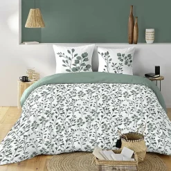 Douceur D'Intérieur Housse de couette 240 x 220 coton naturel 57 fils MAIWEN Sauge + 2 taies Hot