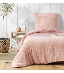 Douceur D'Intérieur Housse de couette double gaze coton uni Vieux rose 140x200cm - 140x200cm - Rose