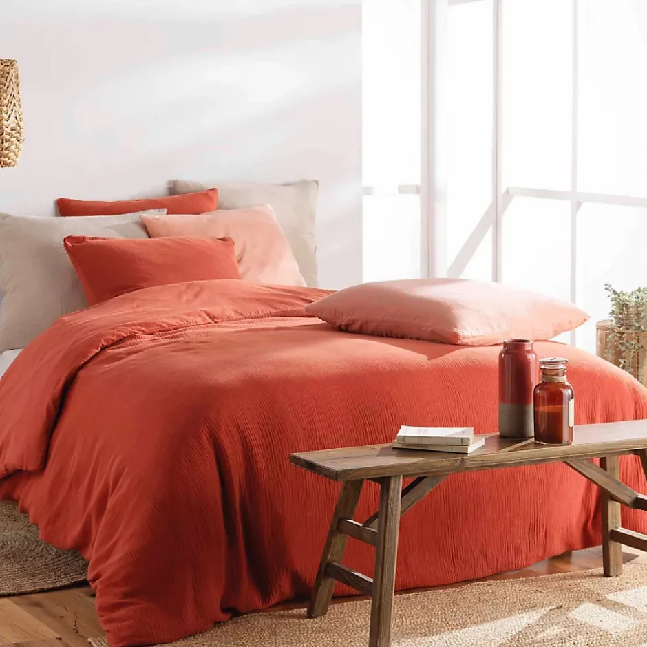 Douceur D'Intérieur Housse de couette double gaze coton uni Terracotta - 220x240cm - Terre cuite Outlet