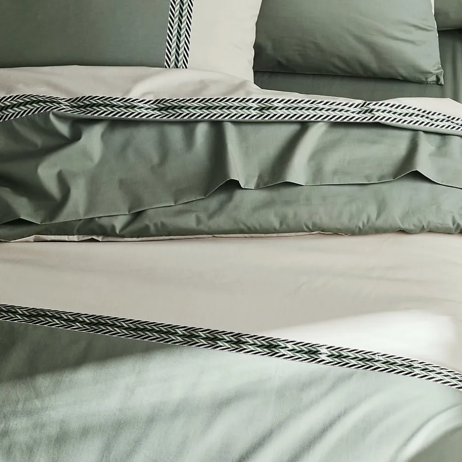 Tradilinge Housse de couette en percale de coton au galon géométrique (280x240 cm - Vert Olive)