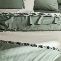 Tradilinge Housse de couette en percale de coton au galon géométrique (140x200 cm - Vert Olive)