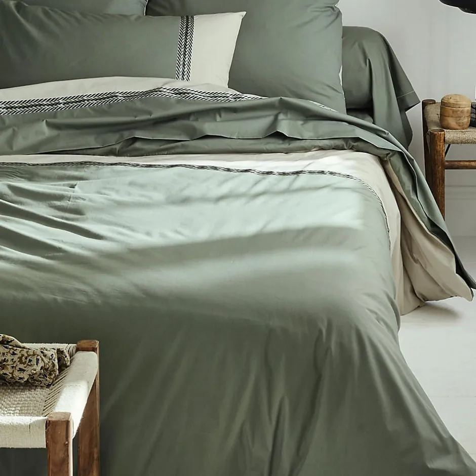 Tradilinge Housse de couette en percale de coton au galon géométrique (140x200 cm - Vert Olive)