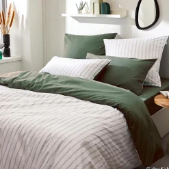 Tradilinge Housse de couette en percale de coton à rayures (140x200 cm - Vert Olive)