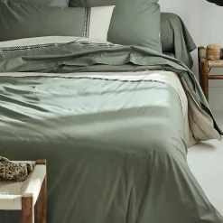 Tradilinge Housse de couette en percale de coton au galon géométrique (240x220 cm - Vert Olive)