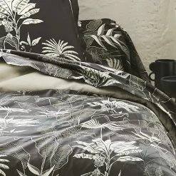 Tradilinge Housse de couette en satin aux feuilles tropicales (240x220 cm - Gris anthracite)