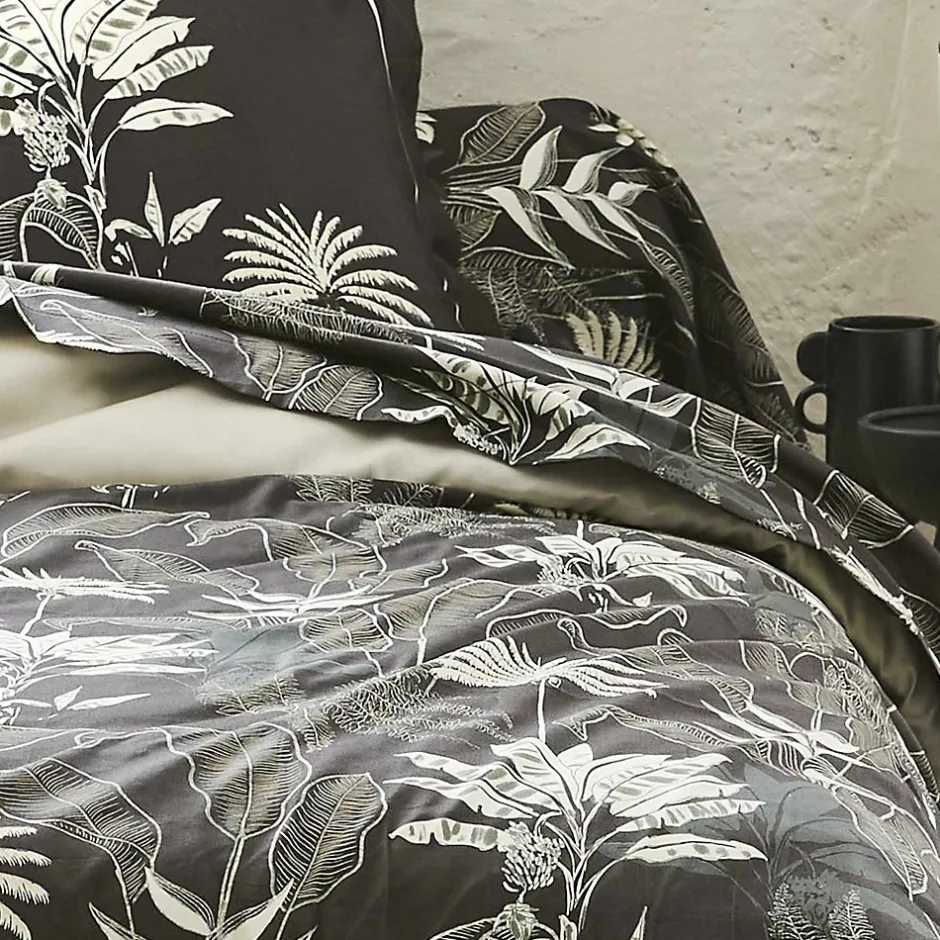 Tradilinge Housse de couette en satin aux feuilles tropicales (240x220 cm - Gris anthracite)