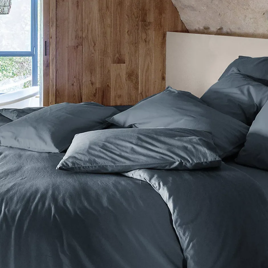 Linnea Housse de couette PALACE pur coton lavé 260x240 cm uni noir granit Outlet