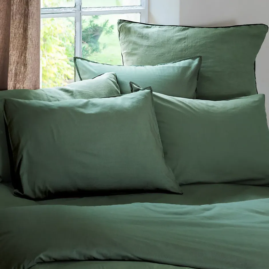 Linnea Housse de couette PALACE pur coton lavé 240x220 cm uni vert cedre Discount