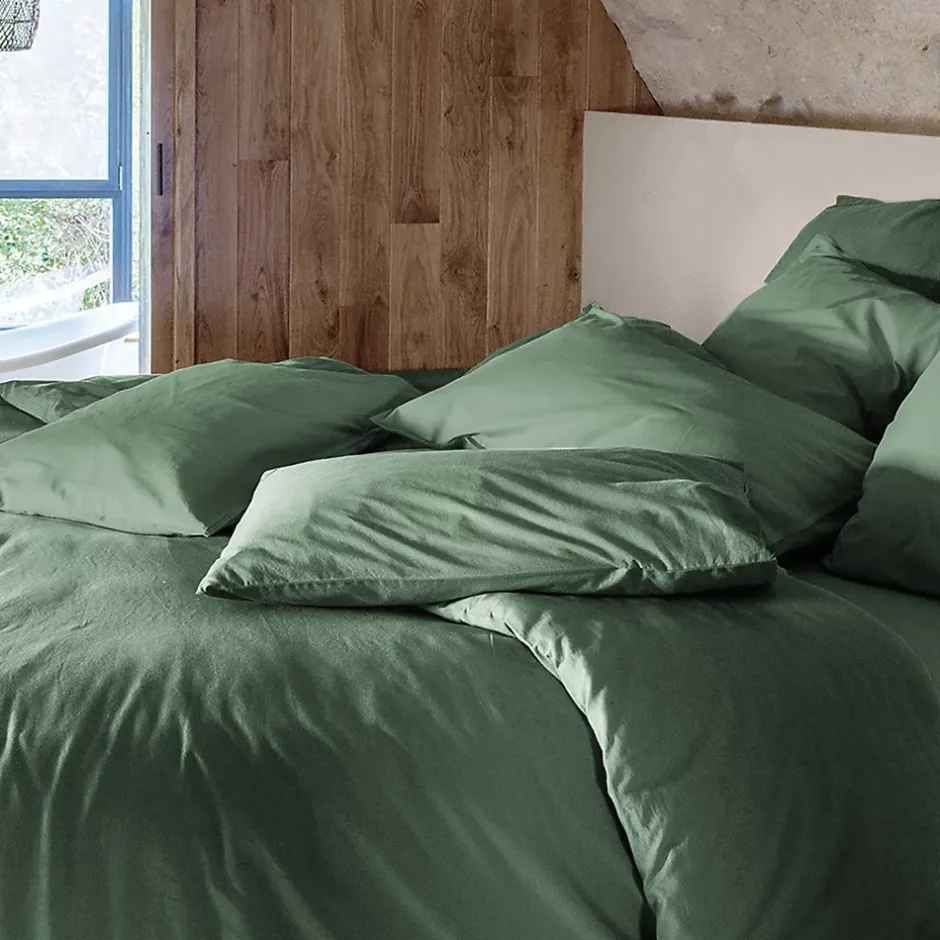 Linnea Housse de couette PALACE pur coton lavé 240x220 cm uni vert cedre Discount