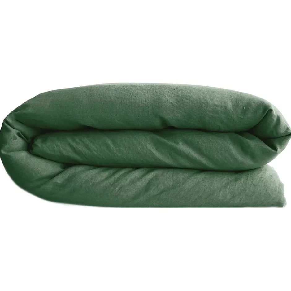 Linnea Housse de couette PALACE pur coton lavé 240x220 cm uni vert cedre Discount