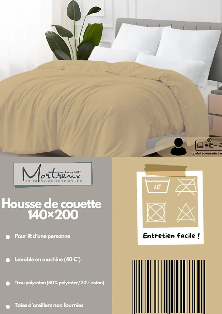 Mortreux Housse de couette Polycoton Taupe - 1 personne 140 x 200 - 488-6