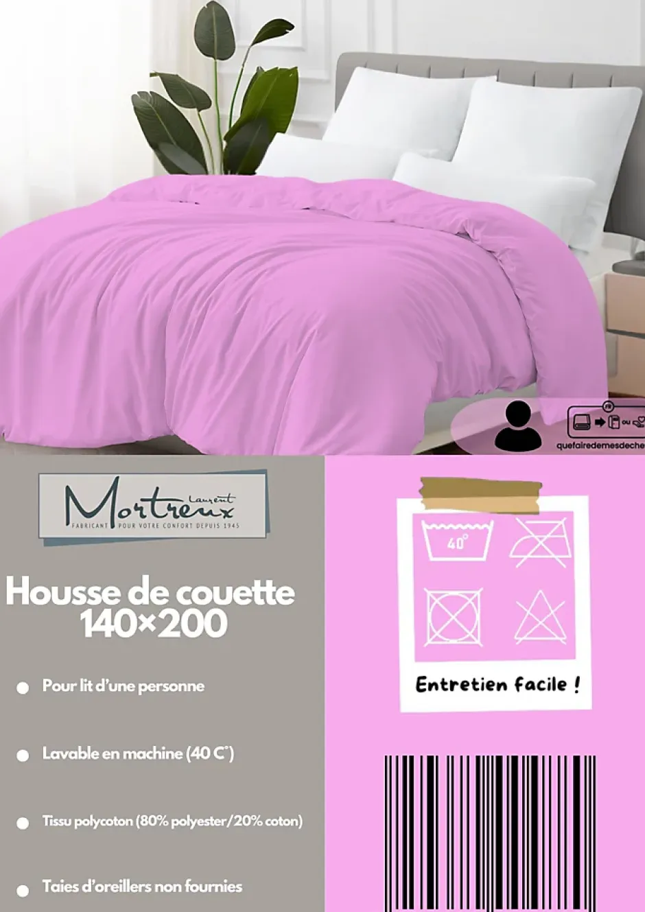 Mortreux Housse de couette Polycoton Lilas - 1 personne 140 x 200 - 488-10 Best