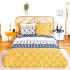 Cote Deco Housse de couette réversible 200x200 KERITA + 2 taies 100% coton adouci 57 fils/cm2