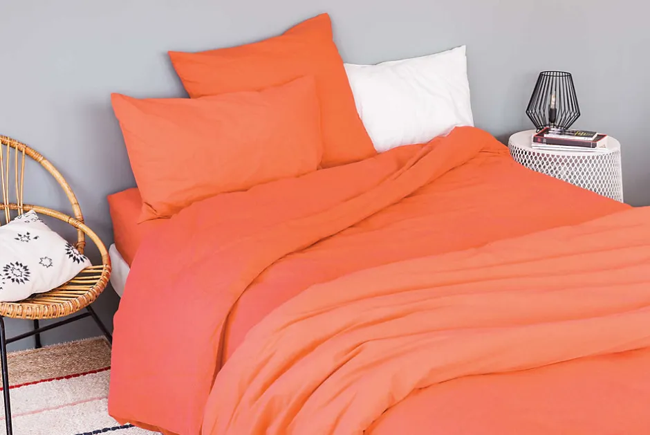 Toison d'Or Housse de couette unie en coton Lavé (140x200 cm - Orange corail)