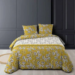 100Comfort Housse de couette 260x240 + 2 taies Marjolaine ocre coton 52 fils