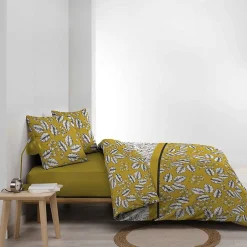 100Comfort Housse de couette 260x240 + 2 taies Marjolaine ocre coton 52 fils