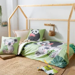 Linnea Housse de couette 140x200 cm en 100% percale de coton PANDA vert