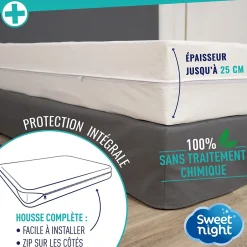 Sweetnight Housse intégrale matelas - Anti-Punaise de lit - Fermeture à glissière - Sans traitement chimique - Ep. Jusqu'à 25 cm Hot