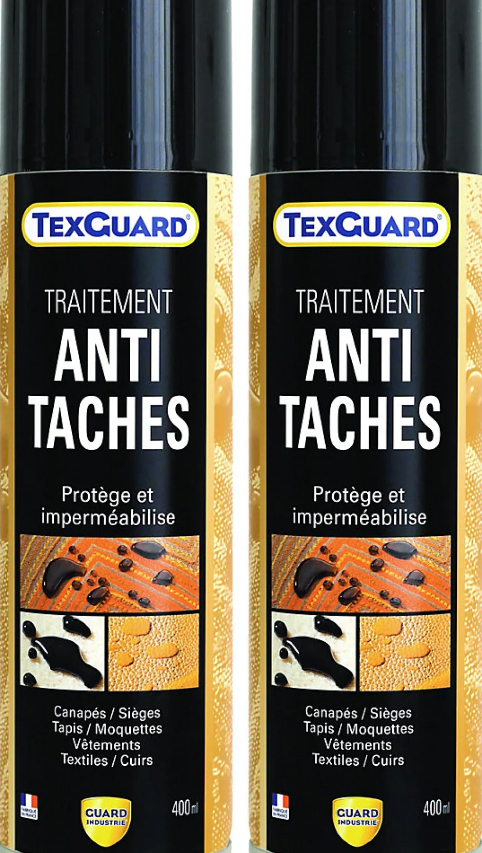 Guard Industrie Imperméabilisant Tissu et Cuir Antitache TEXGUARD 2 Aérosols Velours Hydrofuge Incolore et Invisible Canapé Tapis Rideau Moquette