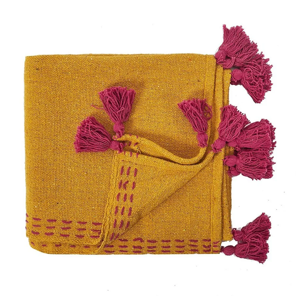 The Home Deco Factory Jeté de canapé surpiqué pompons jaune 130x150 cm