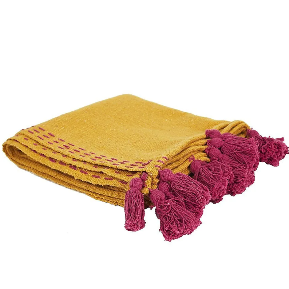 The Home Deco Factory Jeté de canapé surpiqué pompons jaune 130x150 cm