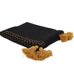 The Home Deco Factory Jeté de canapé surpiqué pompons noir 130x150 cm