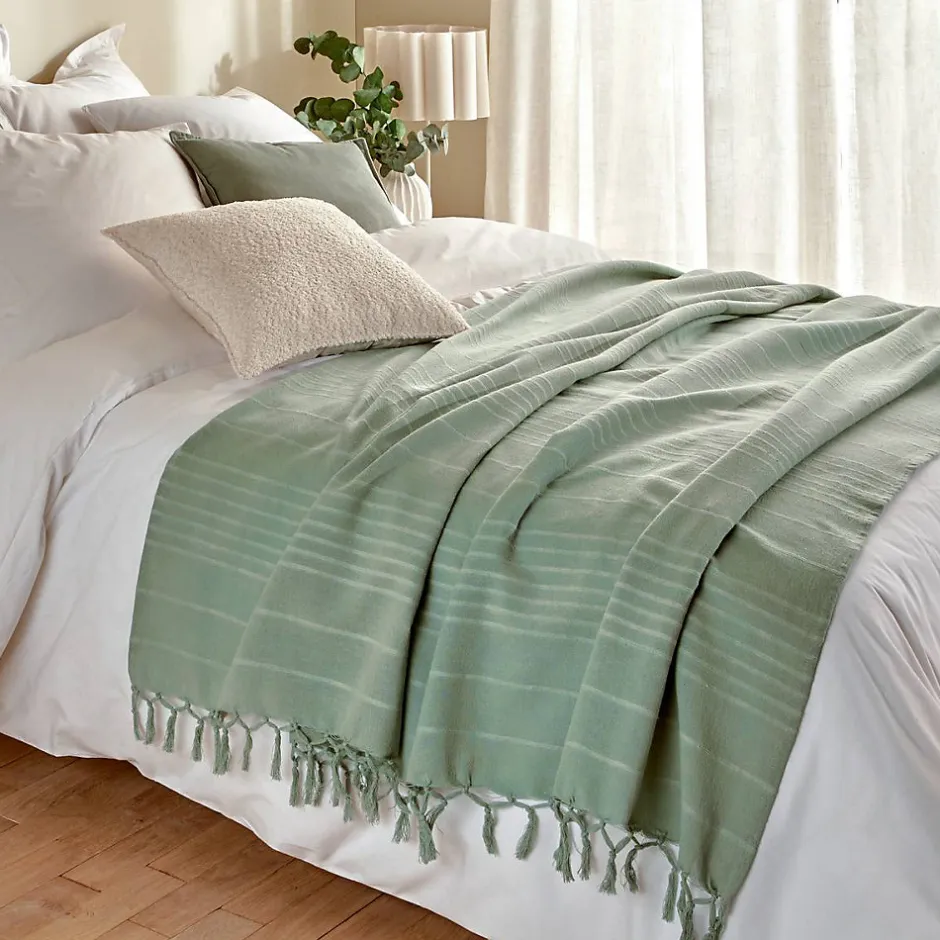 Atmosphera Créateur D'Intérieur Jeté de lit Anjali 220x160 vert céladon en coton - Atmosphera