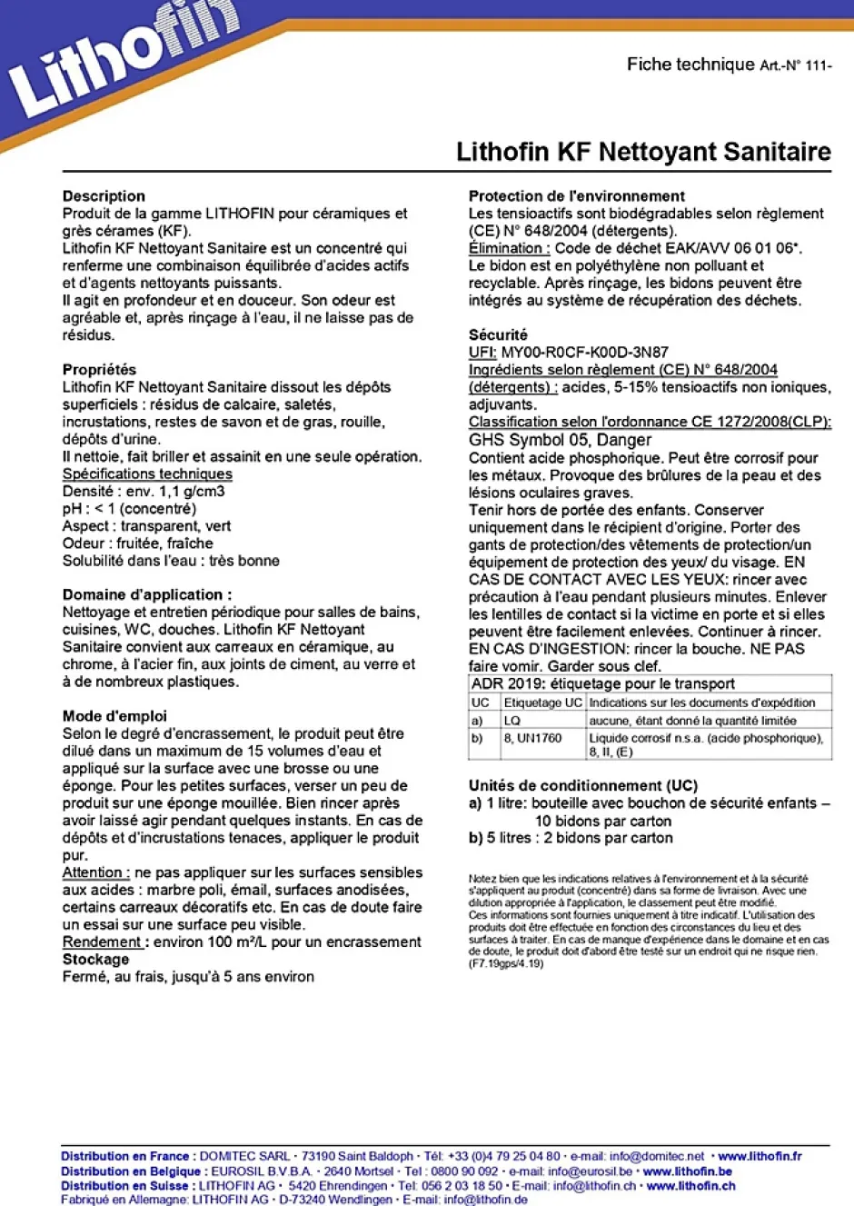 Lithofin KF Nettoyant Sanitaire - Nettoyant acide pour la salle de bain et la douche - - 1 L Online