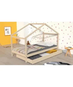 Enfant Weber KOALA Lit cabane enfant avec tiroir - Bois pin massif - Naturel - Sommier inlcus - 90x190cm