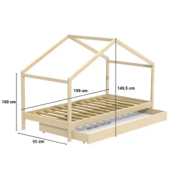 Enfant Weber KOALA Lit cabane enfant avec tiroir - Bois pin massif - Naturel - Sommier inlcus - 90x190cm