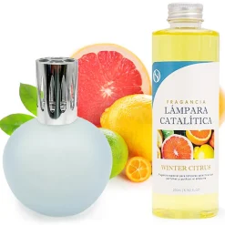 Mamamanuela Lampe catalytique Bleu Gris Mat + Arôme Winter Citrus 200 ml - Élimine mauvaises odeurs, parfume et améliore la qualité de l'air