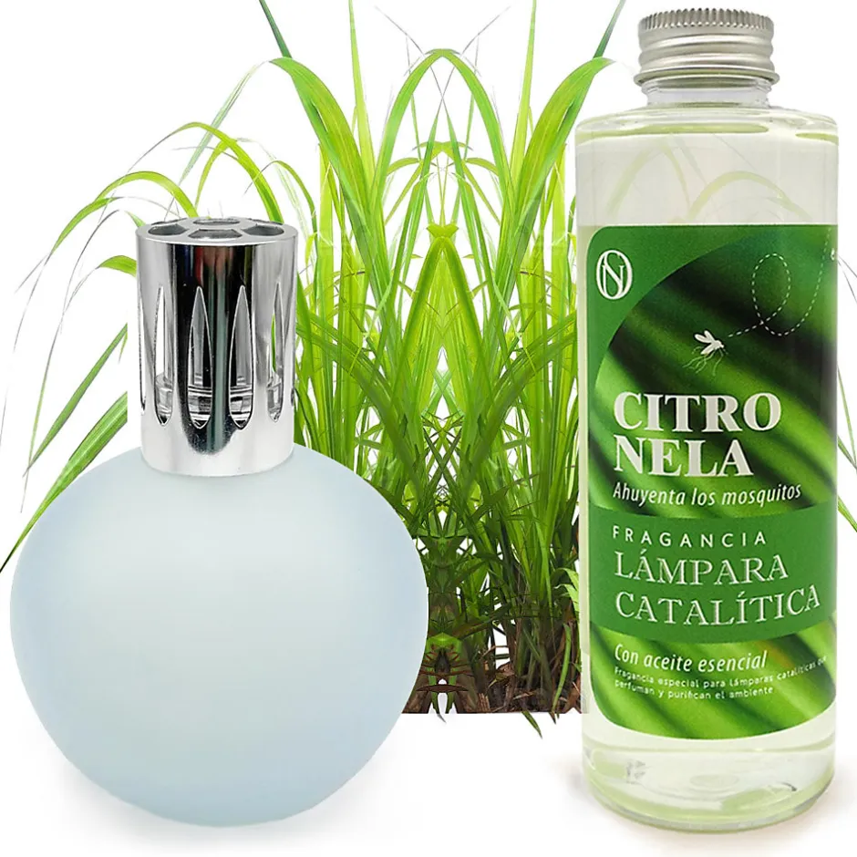 Mamamanuela Lampe catalytique Bleu Gris Mat + Parfum Citronnelle 200 ml - Élimine mauvaises odeurs, parfume et améliore la qualité de l'air
