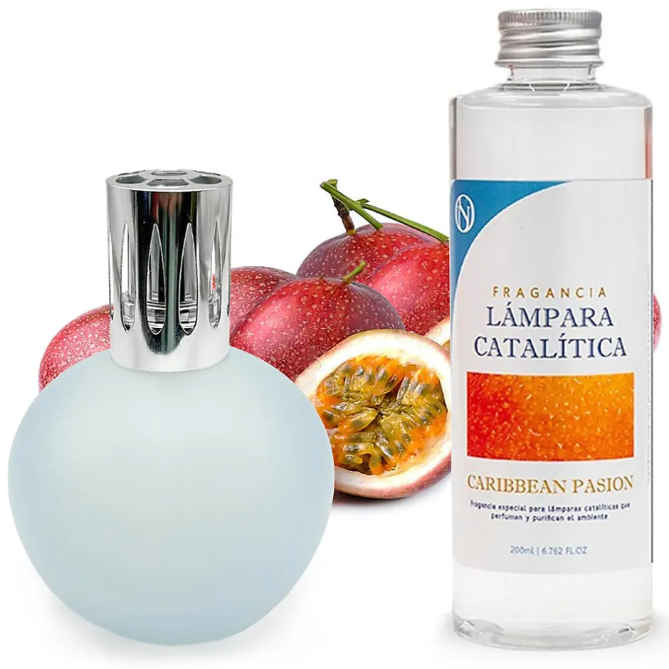 Mamamanuela Lampe catalytique Bleu Gris Mat + Parfum Caribbean Passion 200 ml. Élimine mauvaises odeurs, parfume et améliore qualité de l'air Discount