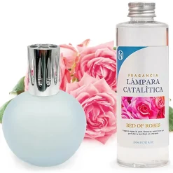 Mamamanuela Lampe catalytique Bleu Gris Mat + Parfum Bed of Roses 200 ml - Élimine mauvaises odeurs, parfume et améliore la qualité de l'air