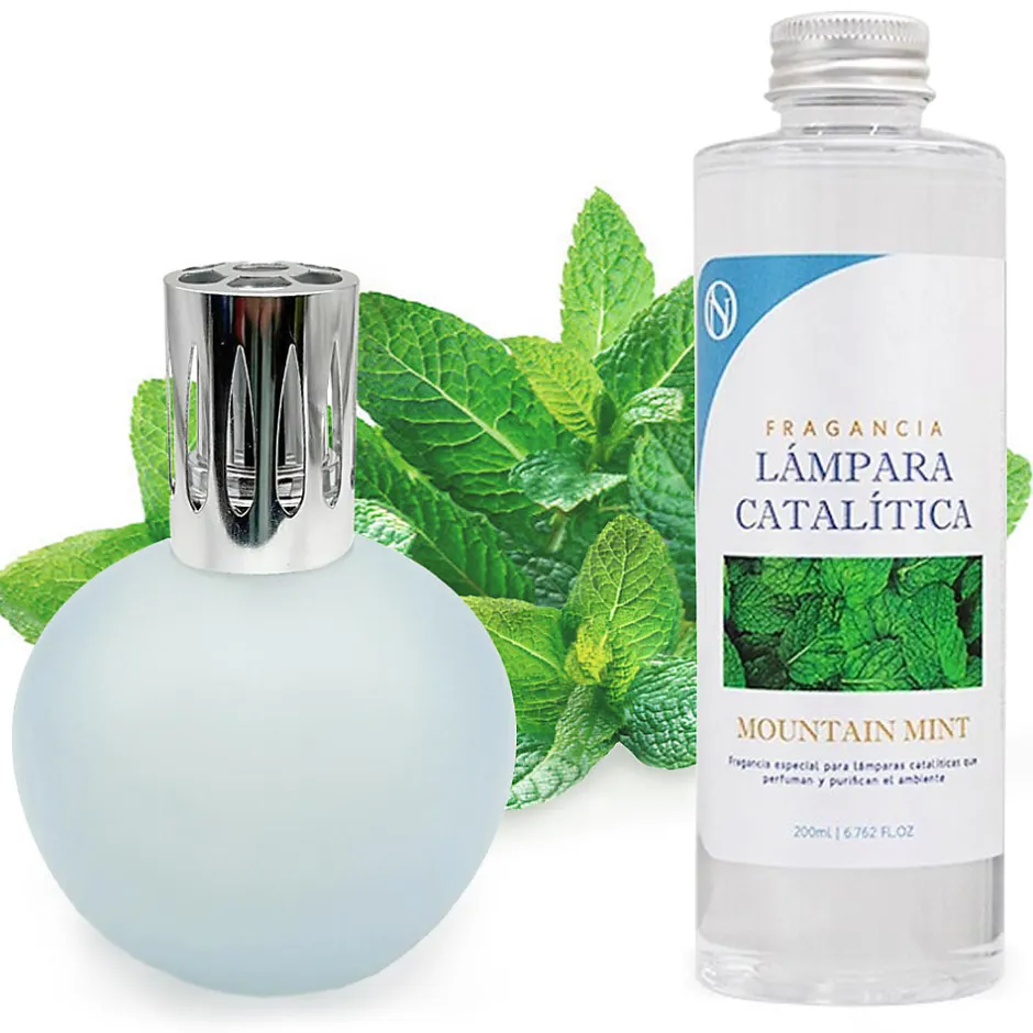 Mamamanuela Lampe catalytique Bleu-Gris Mat + Arôme Mountain Mint 500 ml - Élimine mauvaises odeurs, parfume et améliore la qualité de l'air