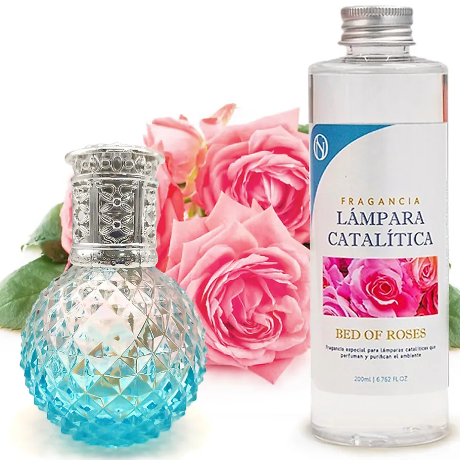 Mamamanuela Lampe catalytique Blue Diamonds + Parfum Bed of Roses 500 ml - Élimine mauvaises odeurs, parfume et améliore qualité de l'air