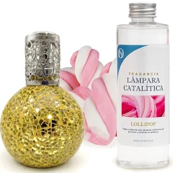 Mamamanuela Lampe catalytique Mosaïque Doré + Parfum Lollipop 200 ml - Élimine les mauvaises odeurs, parfume et améliore la qualité de l'air Best