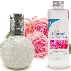 Mamamanuela Lampe catalytique Mosaïque Blanc + Parfum Bed of Roses 200 ml - Élimine mauvaises odeurs, parfume et améliore la qualité de l'air