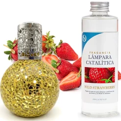 Mamamanuela Lampe catalytique Mosaïque Doré + Arôme Wild Strawberry 200 ml - Élimine mauvaises odeurs, parfume et améliore la qualité de l'air