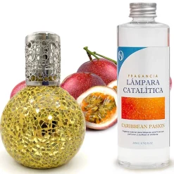 Mamamanuela Lampe catalytique Mosaïque Doré + Parfum Caribbean Passion 500 ml - Élimine mauvaises odeurs, parfume et améliore qualité de l'air